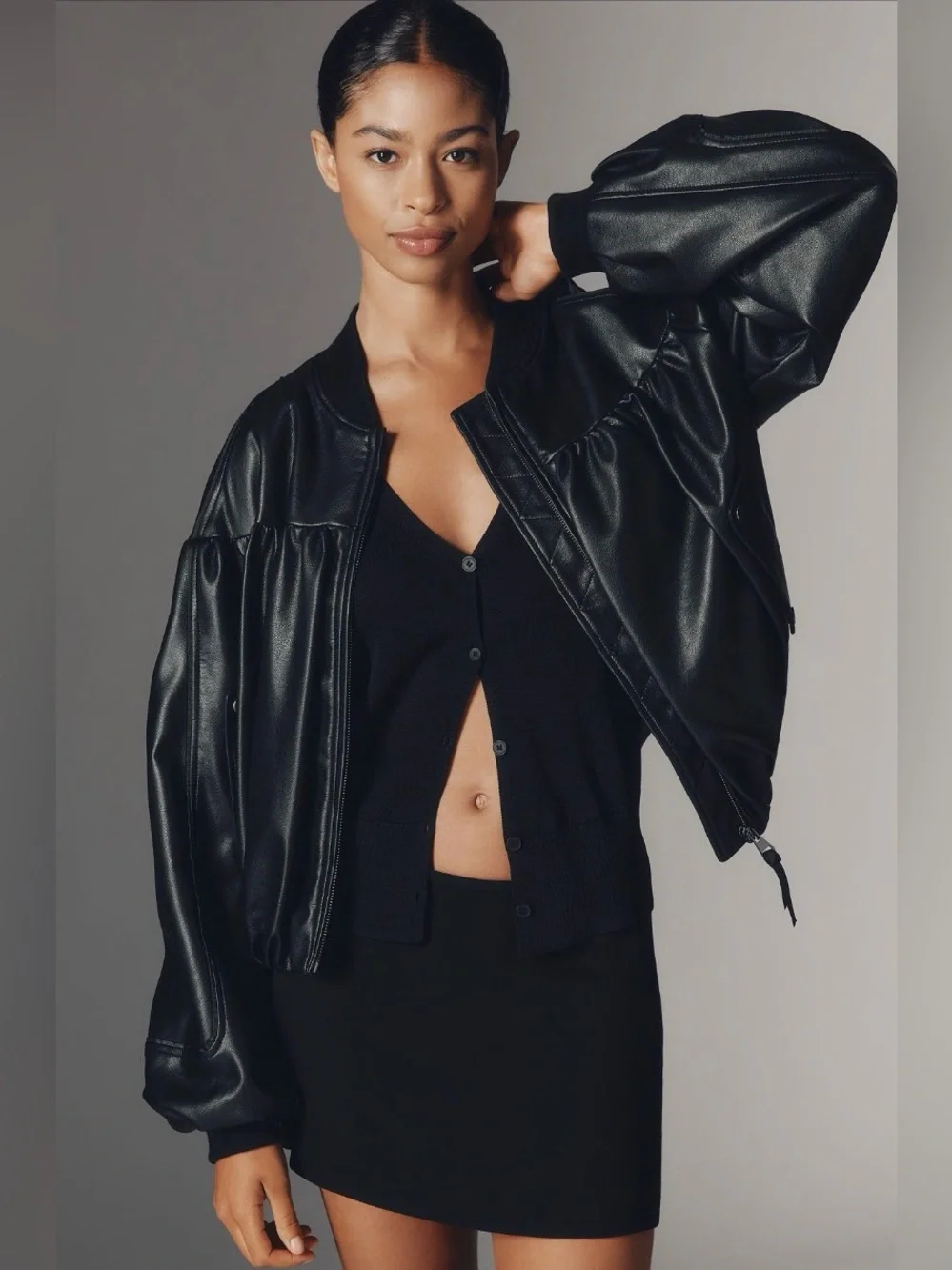✨ Anthropologie Faux Leather Crop Bubble Bomber Jacket Sz M - Picture 3 of 9